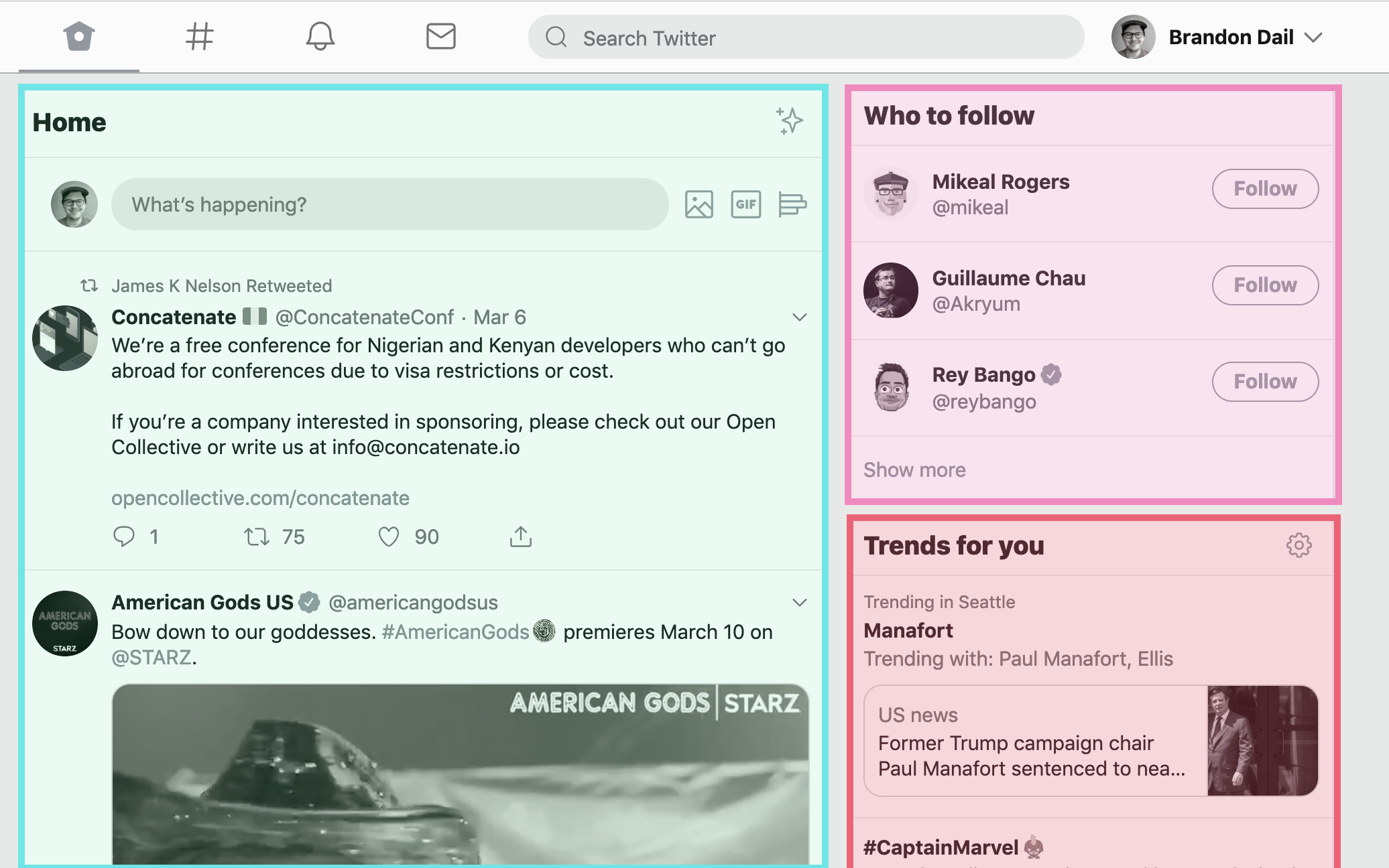 A screenshot of Twitter with the timeline and follower recommendation sections highlighted