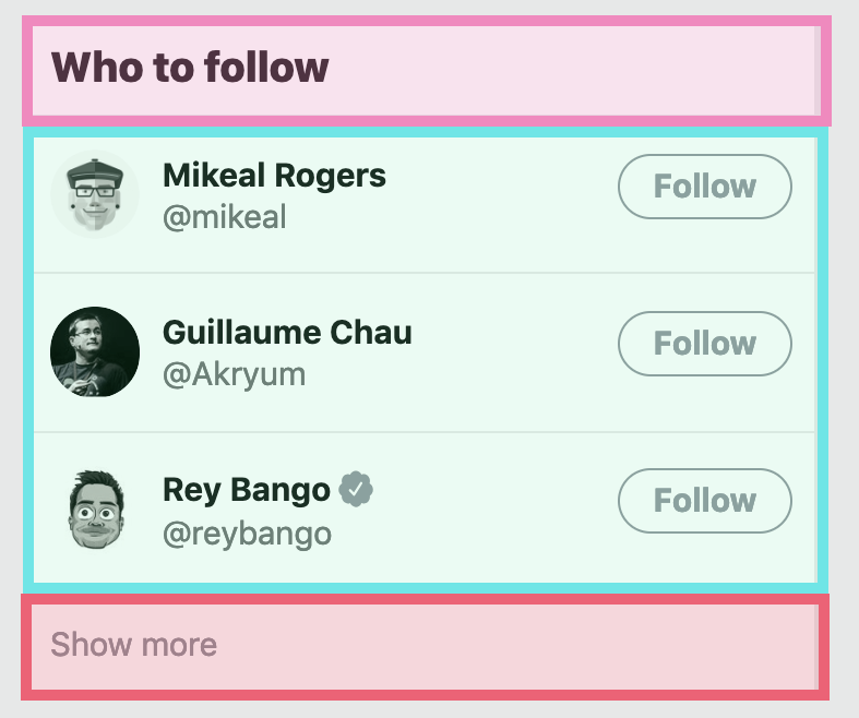 A screenshot of Twitter's "Who to Follow" section, with different subsections highlighted